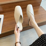 Xajzpa  Women Mules Summer Elegant Square Closed Toe Flat Slippers Female Shoes Casual Leather Black White Slides Plus Size 35-43