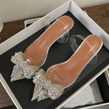 Xajzpa Spring Sexy Slingback Shoes Women Mules Sandals Fashion Crystal Diamond Bowknot Pointed Toe Transparent Heels Pumps