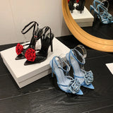 Xajzpa Sandals Sexy Low-Heeled Shoes With Strap Suit Female Beige Large Size Women's Rhinestone Low-heeled Stiletto Black Big Retr