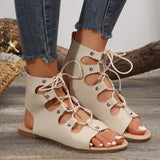Ladies flat sandals hollowed out Roman sandals women's summer retro Martin boots flat lace open-toed sandals flat shoes