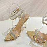 Xajzpa Fashion Glitter Crystal Ankle Strap Sandals Women Elegant Pointed Toe Rhinestone High Heels Wedding Prom Shoes Size 35-41