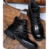 Xajzpa Men Shiny Mid-cut Boots Autumn Lace-up Crocodile Leather Men's Shoe Thick-soled Non-slip Motorcycle Ankle Boots Large Size 38-48