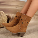 Xajzpa Women's Summer Retro Round Toe Chunky Heels Vegan Suede Western Boots with Hollow Design and Rivets Cowboy Boots Shoes