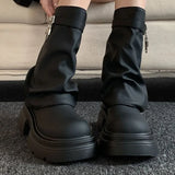 Xajzpa Med Heel Boots Round Toe Women's Genuine Leather Shoes Zipper Boots-Women  Over-the-Knee Rubber 2025 Lolita Lace-Up Western Floc
