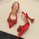 Xajzpa Fashion Sequined Crystal Bowknot Women Pumps Sexy Pointed Toe Red High Heels Wedding Banquet Shoes Ladies Slingback Sandal