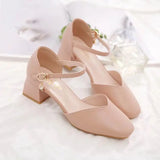 Xajzpa Beige Heeled Sandals Comfort Shoes for Women Med Buckle Strap 2025 Summer Black Block Girls Low Closed High Medium New Fashion S