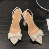 Xajzpa Fashion Design White Pearl Bowknot Women Pumps Sexy Pointed Toe High Heels Wedding Prom Shoe PVC Transparent Sandal Female