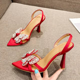 Xajzpa Size 35-41 Sexy Slingback Sandals Women Back Strap High Heels Summer Fashion Crystal Diamond Pointed Toe Wedding Prom Shoe