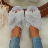 Xajzpa Faux Fur Corss Band Fuzzy Slippers Women Winter Warm Plush Indoor Fluffy Shoes Woman Soft Sole Open Toe Home Cotton Slippers