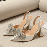 Xajzpa Fashion Sequined Crystal Bowknot Women Pumps Sexy Pointed Toe Red High Heels Wedding Banquet Shoes Ladies Slingback Sandal