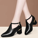 Xajzpa  Women Fashion Black Pu Leather Office Square Heel Pumps Lady Casual Sweet Light Weight Comfort Spring Summer Heel Shoes