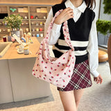 Women Strawberry Printed Shoulder Bag with Ruched Strap Strawberry Pattern Satchel Bag Corduroy Ladies Shopping Bags