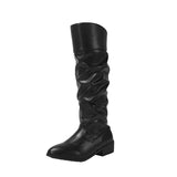 Xajzpa   Vintage Thick Heel Women Pleated Knee High Boots Fashion Slip On Shoes Autumn Winter Ladies Long Booties