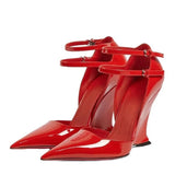 Xajzpa Sexy Red Patent Leather Pointed Toe Wedges High Heels Women Pumps Fashion Double Buckle Strap Ladies Party Dress Shoes