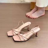 Xajzpa New Fashion Women's Summer Narrow Band Heel Sandals Women Thick Heel  Ankle Strap Fashion Square Toe Ladies Dress Zapatos Mujer