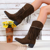 Xajzpa Women's Tassel Boots Thick Heel Retro Western Suede Leather Mid Length Boots Womens Point Toe Boots Mid Calf with Zipper Booties