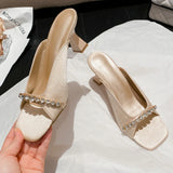Xajzpa Elegant Satin Slippers for Women Luxury Rhinestone Chain Square Toe Slide Sandals Summer Sexy Open Toe Party Shoe Designer Shoes