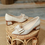 Xajzpa Block Heels For Women Pumps Bow Shoes Lace-Up Shallow Mouth Square Toe Slip On Sandals Ladies 2025 Pointed Wedge Chunky Gold Sli