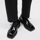 Xajzpa - New square head Leather Shoes women Casual Men Formal Dress Thick Bottom Loafers Lace-up Black British Business Work Shoes 44