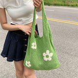 Xajzpa Fashion Sweet Flower Knitted Hollow Tote Bag Large Capacity Shopping Bag Ladies Simple Retro Shoulder Bag Handbag for Women