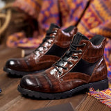 Xajzpa Men Shiny Mid-cut Boots Autumn Lace-up Crocodile Leather Men's Shoe Thick-soled Non-slip Motorcycle Ankle Boots Large Size 38-48