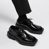 Xajzpa - New square head Leather Shoes women Casual Men Formal Dress Thick Bottom Loafers Lace-up Black British Business Work Shoes 44