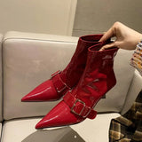 Xajzpa Sexy Pointed Toe Belt Buckle Women Ankle Boots Thin Heels Patent Leather Autumn Zipper Party Shoes