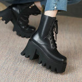 Xajzpa Punk Goth Ankle Boots Women Black Chunky Wedge Platform Shoes Woman Lace Autumn Patent Leather Footwear Lady Botas Mujer