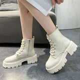 Xajzpa - Chunky Platform Motorcycle Boots for Women 2023 Autumn Winter PU Leather Ankle Booties Woman Thick Bottom Non Slip Combat Boots