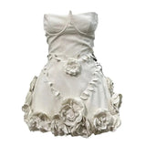 Xajzpa Fashion Women Dress White Strapless 3D Flowers Above Knee Female Summer Birthday Party Dresses New Tide