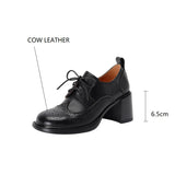 New Spring Genuine Leather Women Shoes Round Toe Women Pumps Shoes for Women Zapatos Mujer Brogue Designs Lace Up High Heels