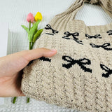 Xajzpa Knitted Handbags Large Capacity Bow Pattern Crochet Tote Bag Bow Pattern Crochet Tote Bag Multifunctional Knitted Shopping Bag