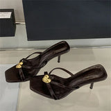 xajzpa Summer Fashion Square Toe Women Slippers Narrow Band Sandals Thin Low Heels Party Female Slide Shoes Zapatos De Mujer
