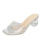 Xajzpa Size 36-43 Transparent Slippers For Women Summer Fashion Crystal Rhinestone Square Toe Clear Heels Slides Shoes Sandals