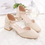 Xajzpa Beige Heeled Sandals Comfort Shoes for Women Med Buckle Strap 2025 Summer Black Block Girls Low Closed High Medium New Fashion S