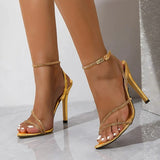 Xajzpa Sexy Pointed Toe Gold High Heels Gladiator Sandals Women Summer Fashion Crystal Rhinestone Ankle Strap Party Dress Shoes