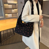 Women Strawberry Printed Shoulder Bag with Ruched Strap Strawberry Pattern Satchel Bag Corduroy Ladies Shopping Bags