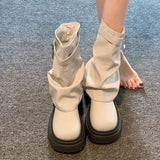 Xajzpa Med Heel Boots Round Toe Women's Genuine Leather Shoes Zipper Boots-Women  Over-the-Knee Rubber 2025 Lolita Lace-Up Western Floc