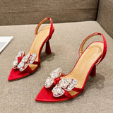 Xajzpa Size 35-41 Sexy Slingback Sandals Women Back Strap High Heels Summer Fashion Crystal Diamond Pointed Toe Wedding Prom Shoe