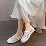 2024 Summer Women Lace Jacquard Loafers Woven Hollow Out Lazy Slip On Shoes Beach Breathable Walking Beach Travel Flat