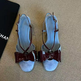 Xajzpa New Women's High Heel Ladies Summer Sandals Beige Patent Leather Office Work Stiletto Footwear Luxury Bow Party Prom Women Shoes