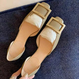 Xajzpa New Women Sandals Metal Square Buckle Leather Thick Heel Square Toe Sandal Spring Casual Low Heel Back Strap Fashion Sandals