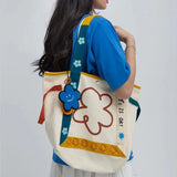 Xajzpa - Harajuku Style Shoulder Bag Flower Letter Print Large Capacity Canvas Handbag High Quality Youthful Fashion White Tote Bag