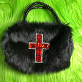 Xajzpa - Y2k Gothic Handbag Soft Plush Black Cross Applique Shoulder Bag Fashion Harajuku Style Punk Hip Hop Biker Crossbody Bag