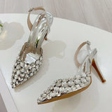 Xajzpa Elegant Pointed Toe Slingback Stiletto Sandals Crystal Diamonds Women Pumps High Heels Wedding Prom Shoes Zapatos Mujer