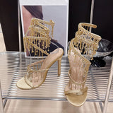Xajzpa Elegant Women Wedding Banquet Shoes Fashion Crystal Tassel Twining Stiletto Sandals Sexy Open Toe Stripper Heels Golden