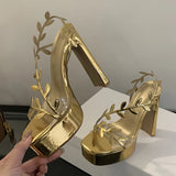 Xajzpa Summer Fashion Patent Leather Gold Leaf Women Sandals Elegant Square Toe Platform High Heels Wedding Banquet Shoes Size 42