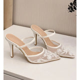 Xajzpa Luxury Brand High Heels Women Sandals Mesh Embroider Elegant Pointed Ladies Slingback Designer Party Wedding Bridal Dress Shoes