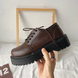 Xajzpa Brown Platform Loafers Women Oxford Shoes Flat on Platform Casual Shoes Lace Up Leather Shoes Sewing Round Toe Zapatos Mujer