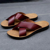 Xajzpa Italian genuine leather slippers for men's beach summer high-quality large size 38-47 flat bottomed herringbone sandals